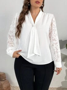 SHEIN Privé 女式大码优雅精致工作/休闲珍珠领刺绣透明褶皱纹理宽松白色衬衫 - 白色 - 查看 5