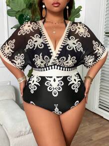 Swim Lushoire Plus Size One-Piece Swimsuit, Multicolor Positioned Floral Print, Elegant & Minimalist, Suitable For Summer Beach Vacation & Resort - Multicolor - View 5
