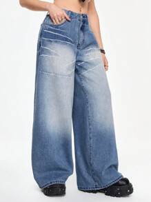 ROMWE Grunge Punk 低腰宽松做旧洗水直筒牛仔裤 - 淺藍色 - 查看 6