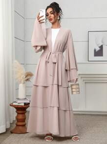 Al Najma Tiered Layered Design Maxi Abaya: Elegant Women Summer Long Bell Sleeves Self-Tie Waist Chic Modest Robe - Grey - View 1