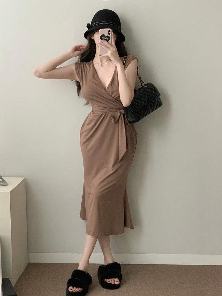 Women V-Neck Short Sleeve Cinched Waist Long Wrap Dress Sundress