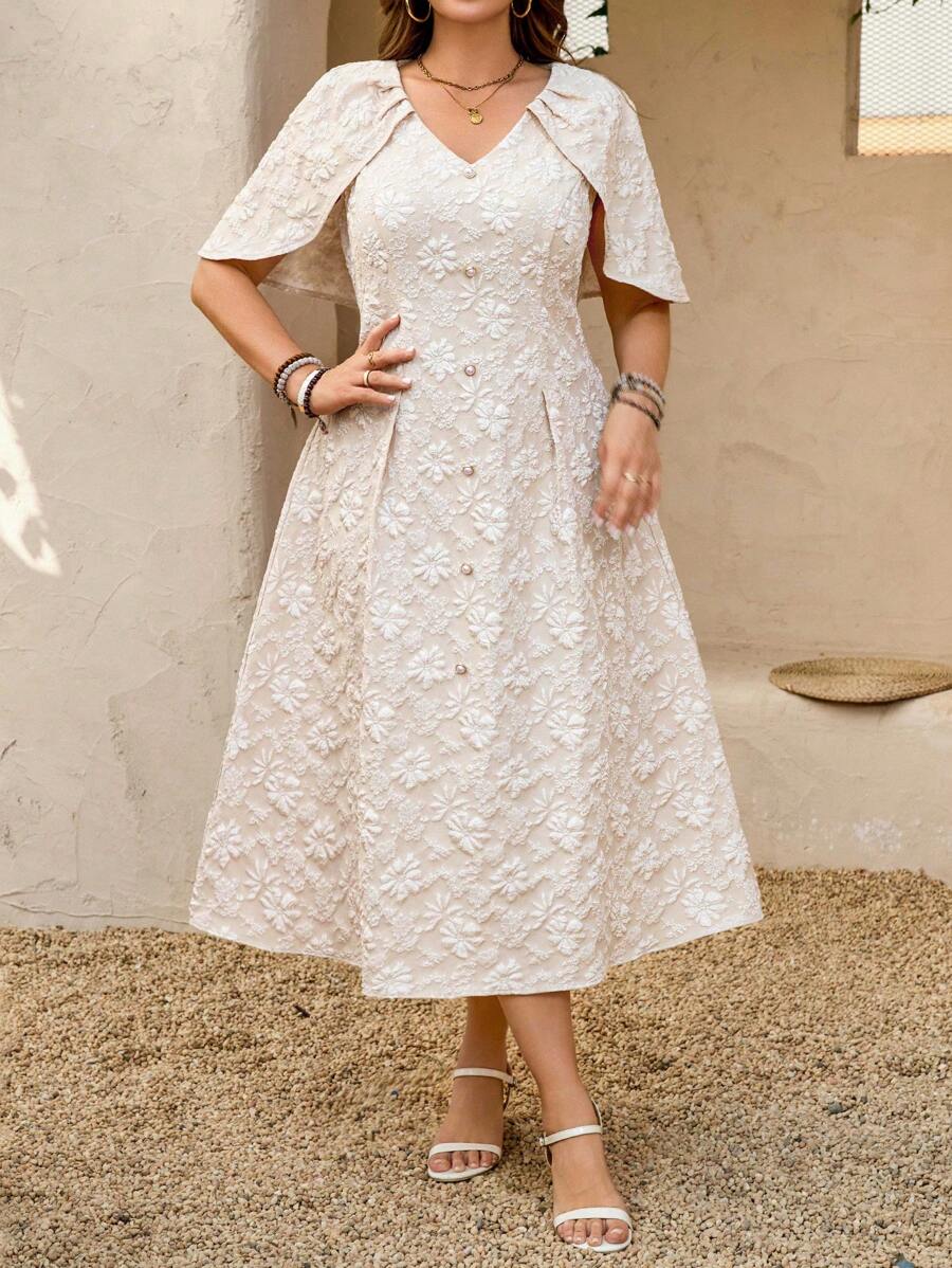 SHEIN LUNE SHEINLUNE Plus Size Tulip Sleeve Cape Arm Flattering Elegant Casual Wedding Guest Party Dress, Valentine, Love/Lover, 3D Rose/Flower Wedding Guest Dress Women Bridal Shower Dress White Club Club Outfits Women Sexy Spring Outfits For Women Summer Outfits For Women Summer Clothes Easter Outfit Women Western Wear Women