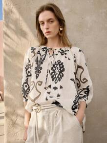 Ontre Áo thun nữ tay lỡ rộng rãi họa tiết hình học thường ngày Boho Bohemian - Màu be - Xem 1