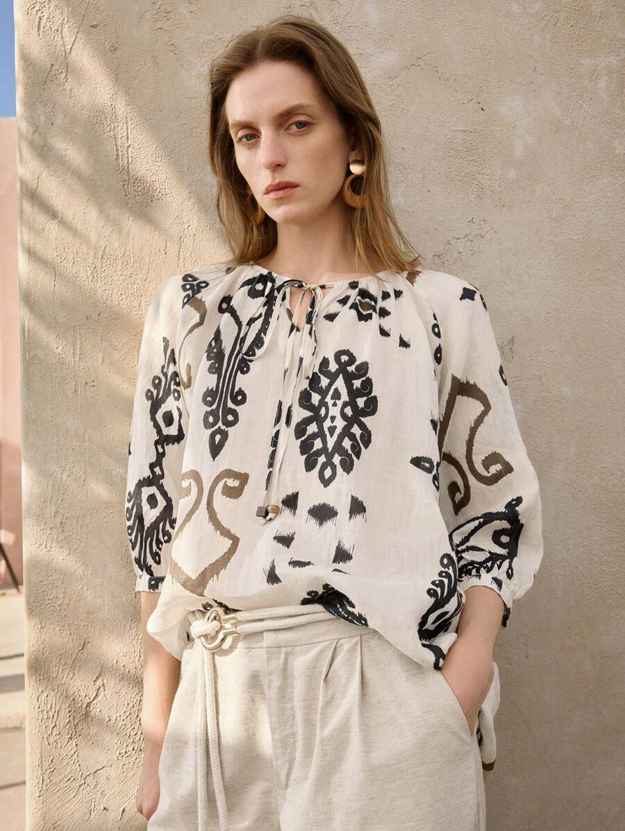 Ontre Áo thun nữ tay lỡ rộng rãi họa tiết hình học thường ngày Boho Bohemian - Màu be - Xem 1