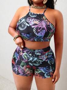 SHEIN Slayr CURVE Summer Plus Size Women 2pcs Bikini Set, Butterfly Print Halter Backless Criss-Cross Wide Strap Bikini Top And Ruched Waist Bottom With Pocket