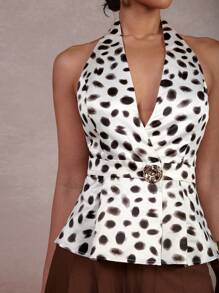 COSMINA Women's Fully Allover Print Waist Metal 3D Flower Decor Halter Neck Tank Top