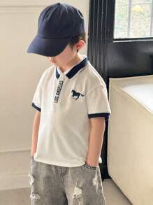 SHEIN 1 Pc Young Boy Casual Comfortable, Versatile Loose Fit Polo Shirt With Letter Print, Soft & Breathable, Suitable For Spring & Summer