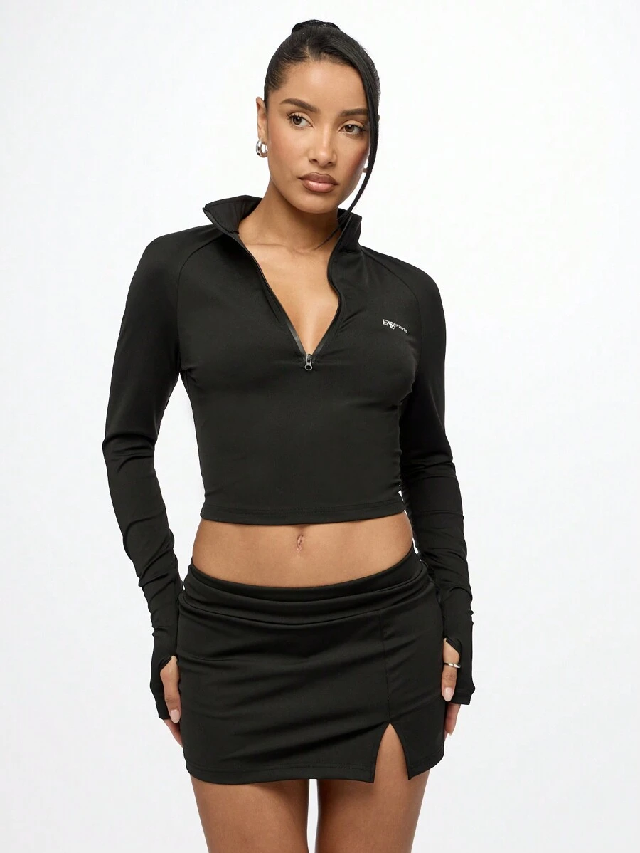 SUMWON WOMEN Hochleistungs-Halfzip Crop Athletik-Top mit Daumenöffnungen, schnell trocknend, aktives Training, Laufen, Fitness, Yoga, Sport, Langarm Kompressionsshirt