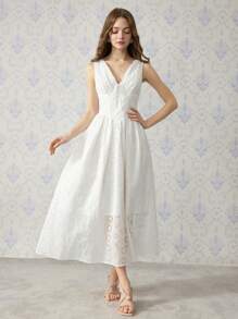 SHEIN MOD V 领系带前白色田园优雅白色连衣裙、茶会连衣裙、早午餐连衣裙、度假连衣裙、波西米亚连衣裙、情人节连衣裙、女士生日连衣裙 - 白色 - 查看 1