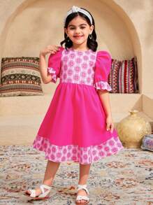 SHEIN Young Girl Print Patchwork Blouson Sleeve Round Neck Dress, Easter - Pink - View 2