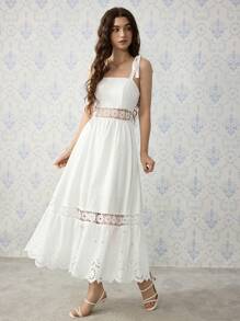 SHEIN MOD White Hollow Embroidered Tie Bow Ruffle Hem Maxi Skirt, Boho Style, Western Vibe, Holiday, Picnic, Beach,Valentines Clothes,Vacation Outfits Woman,Summer Outfits For Women,Beach Outfits For Woman,Mardi Gras,Valentines Dress,Rave Outfits Festival - White - View 4