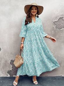 SHEIN LUNE Váy đi nghỉ tay loe in hoa cổ chữ V cỡ lớn cho nữ - Màu xanh bạc hà - Xem 4