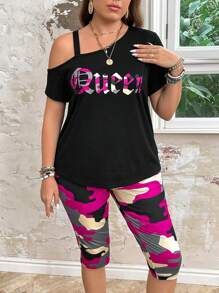 SHEIN LUNE Plus Size Camouflage Print Slogan Cutout Shoulder Camisole Top And Skinny Leggings Set, 2pcs - Hot Pink - View 4