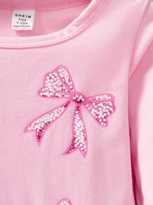 SHEIN 2 Pcs Baby Girl Spring/Autumn Cute Bow Print Long Sleeve Top And Ruffled Bow Decor Flared Jeans Pants Set - Baby Pink - View 3