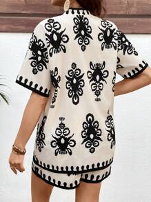 SHEIN 2pcs Set Bohemian Maternity Retro Printed Top And Bottom Sets - Apricot - View 2