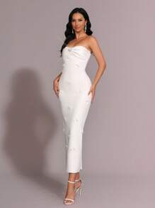 Glamrae 优雅奢华白色手工水晶装饰褶皱胸围无袖紧身长款正式晚礼服，礼服 - 白色 - 查看 7