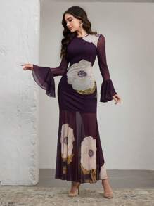 Graceveil Women Floral Print Casual Dress, Long Sleeve Round Neck