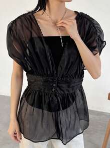 FRIFUL 女士网眼短袖褶腰休闲上衣，适合休闲度假，荷叶边