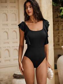 Anewsta 女士纯色简约修身连体泳衣，休闲度假，适合夏季海滩 - 黑色 - 查看 7