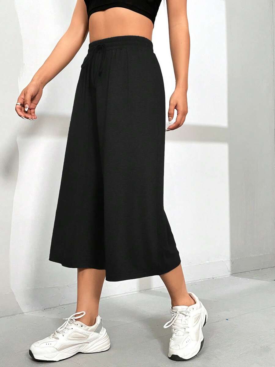 SHEIN EZwear 女士高腰宽松休闲黑色阔腿裤 - 黑色 - 查看 1