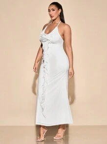 SHEIN BAE Plus Size Women's Elegant Floral 3D Ruffle V-Neck Halter Dress, Bridesmaid Dress