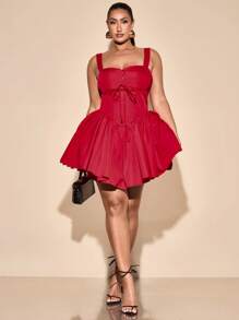 SHEIN BAE Plus Size Women's Spring/Summer Solid Red Sexy Elegant Square Collar Lace Splice Bodycon Bubble Hem Mini Dress, Suitable For Ball Gowns And Everyday Wear - Red - View 2