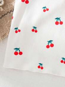 SHEIN Elladie kids 年轻女孩夏季新款可爱樱桃印花圆领无袖背心和宽松直筒短裤配腰带，舒适休闲度假装