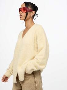 SUMWON WOMEN Luxurious Fuzzy Knit Button-Front Cardigan Sweater, Cozy Oversized V-Neck Winter Loungewear, Plush Warm Holiday Season Essential