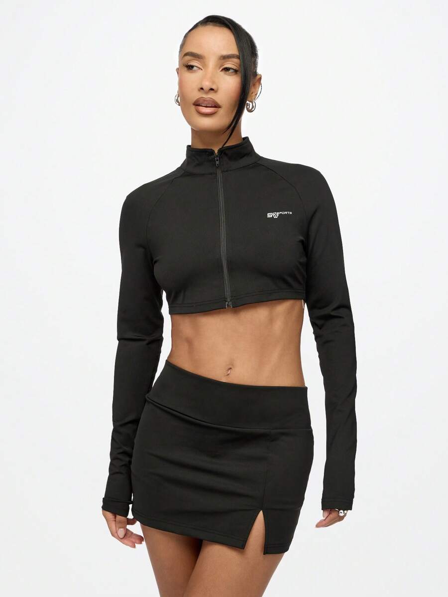 SUMWON WOMEN 运动性能短裙，侧开衩设计，吸湿排汗健身网球高尔夫裙内置短裤高腰跑步训练运动服 - 黑色 - 查看 1