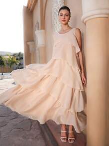 Chiquease Váy chữ A vải organza nhiều lớp không tay cổ chữ V thanh lịch có viền xếp nếp cho nữ - Màu be - Xem 6