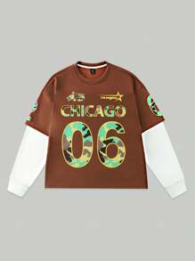 ROMWE MEN Prep Kaos Baseball Kasual 2 in 1 Lengan Panjang Kerah Bulat Pria dengan Cetakan Huruf - Coffee Brown - View 1