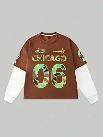 Prep Camiseta casual de cuello redondo de manga larga con estampado de letras 2 en 1 estilo béisbol para hombres