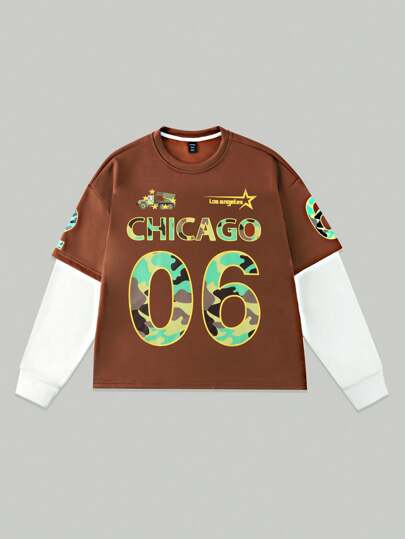 Prep Men Crew Neck Long Sleeve Letter Print Casual 2 In 1 Baseball T-Shirt