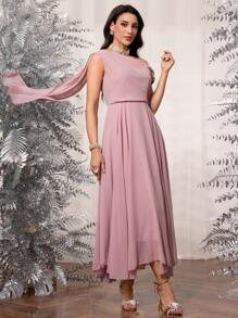 Modelyn Vestido de gasa con volante asimétrico en el hombro, cintura con volante y bajo acampanado, elegante para mujeres, vestido para invitados de boda