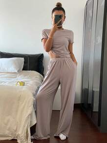 Livesso 2pcs Minimalist Solid Color Wavy Hem Decor Fitted Top And Pants Lounge Set Pajama - Grey - View 4