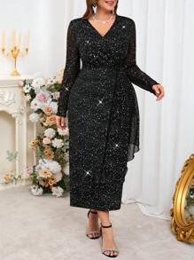 SHEIN Clasi Plus Size Women's Black Shiny V-Neck Elegant Hip Hugging Long Sleeved Dress, Spring/Summer Dresses For Women,Vacation Outfits Woman,Going Out Outfits,Valentine's Day,Summer Outfits For Women - Black - View 7