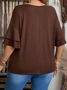 EMERY ROSE Plus Size V-Neck Ruffle Sleeve Simple T-Shirt,Women Brown Summer Smart Casual Hiking Top,Country Fashionable Everyday Wear,Vacation Woman Spring - Coffee Brown - View 4