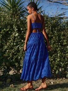 Travachic 女士度假扎染刺绣镂空腰吊带连衣裙 - 藍色 - 查看 2