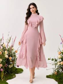 Modelyn Ruffle Flare Sleeve Long Slim Fit Women Dress - Pink - View 1