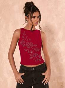 SHEIN BAE Women Summer: Studded Floral Graphic Racerback Tank Top / Graphic Tee / Rave Festival / Streetwear / Beach Wear - Burgundy - View 4