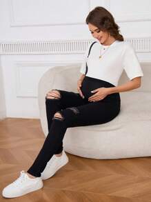 SHEIN Adjustable Waist Maternity Ripped Distressed Skinny Jeans - Black - View 6