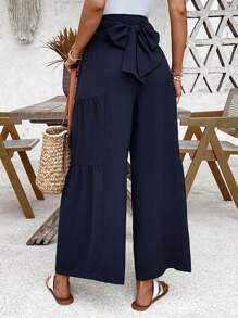 SHEIN LUNE Women's Solid Color Pleated Minimalist Straight Leg Pants, Casual Daily Wear - Navy Blue - View 1