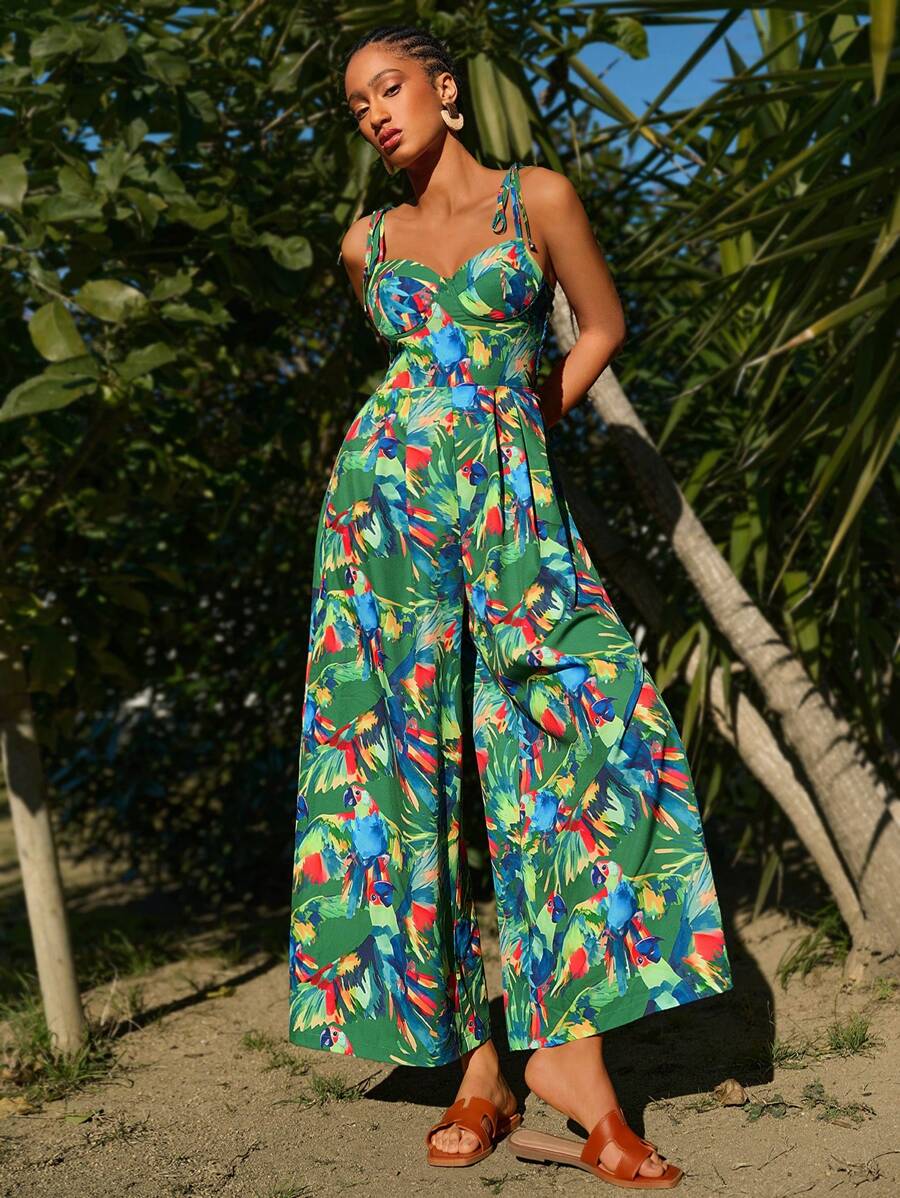 Travachic 女士热带印花阔腿连体裤，非常适合度假，女士夏季服装，热带度假女士服装 - 綠色 - 查看 1