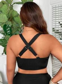 Swim Lushoire Plus Size Women Solid Color Ribbed Bikini Top, For Summer Beach Vacation - Black - View 6