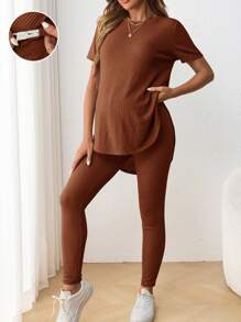 SHEIN Maternity Casual Round Neck Short Sleeve Side Slit T-Shirt With Adjustable Waist Loose Pants 2 Pieces Set - Redwood - View 1