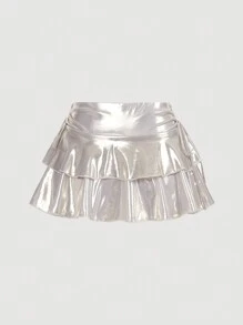 SHEIN MOD Women's Double Layer Silver Color Mini Skirt,Low Rise,Vacation, Holiday, Picnic, Date,Beach For Woman,Country Concert - White - View 2