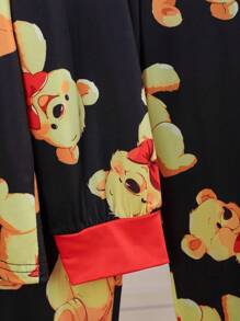 Tween Girl Bear Print Long Sleeve Round Neck Casual Top And Pants Pajama Set, For Christmas