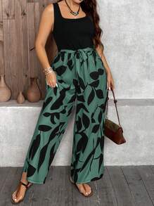 SHEIN LUNE Plus Size Women Plant Print Sleeveless Wide Leg Jumpsuit St. Patrick's Day Outdoor Essential For Daily Wear For Summer