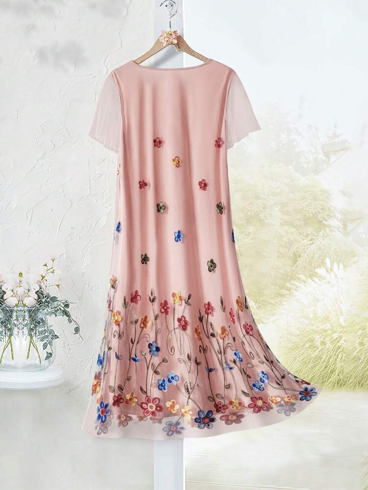 Plus Size Women Mesh Floral Embroidered Mesh Panel Short Sleeve Dress Summer Outfits Vacation Outfits Woman  Country Outfits Women  Spring Outfits For Women Wedding Guest Dress Women