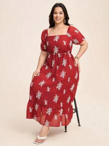 SHEIN LUNE Plus Size Women Floral Print Square Collar Short Sleeve Elegant Dress Red And White,Summer,Boho,Vacation,Holiday Sun Dress Birthday Gown Work Clothing - Red - View 7